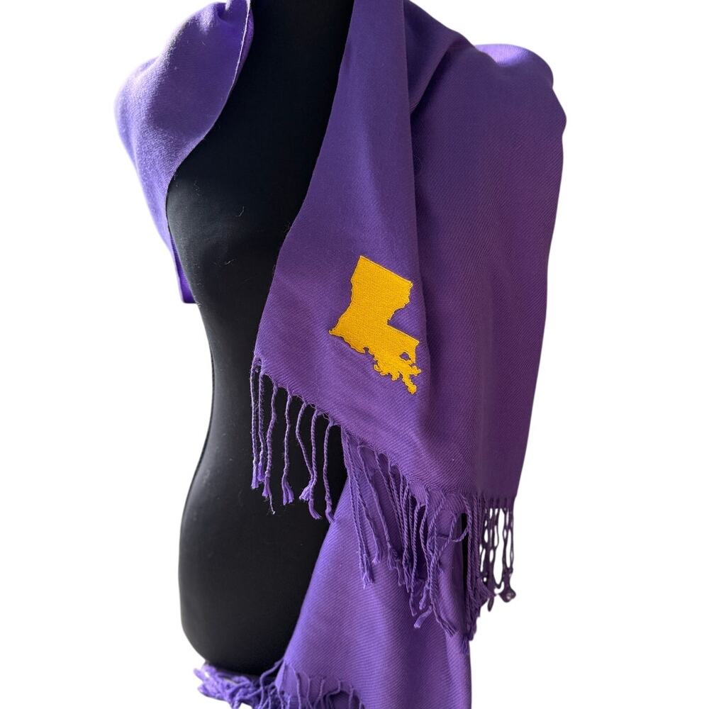 Olly Oxen Louisiana Scarf Purple Gold Embroidered State Fringe LSU Game Day